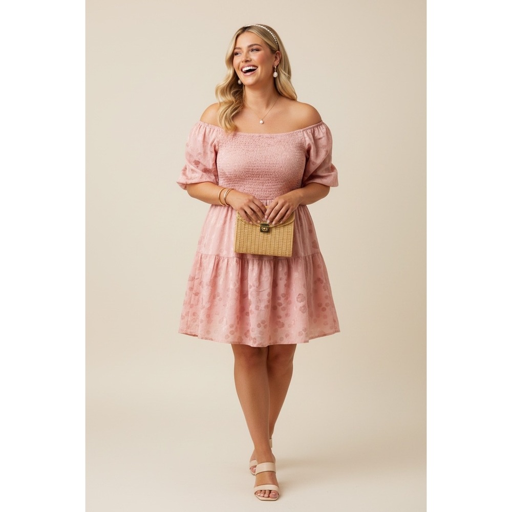 NEW Pink Floral Burnout Smocked Off Shoulder Tiered Mini Dress Plus Size XXL